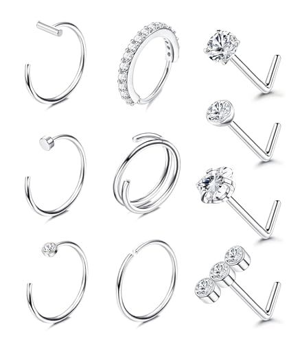 FIOROYAL 10 Stück 𝟏𝟒𝐊 𝐆𝐨𝐥𝐝 Gefüllte Nasenpiercing Chirurgenstahl 20G L Förmiger Nasenstecker für Frauen Männer Nasenring Piercing CZ Silber/Gold Nostril Piercing Schmuck Silber von FIOROYAL