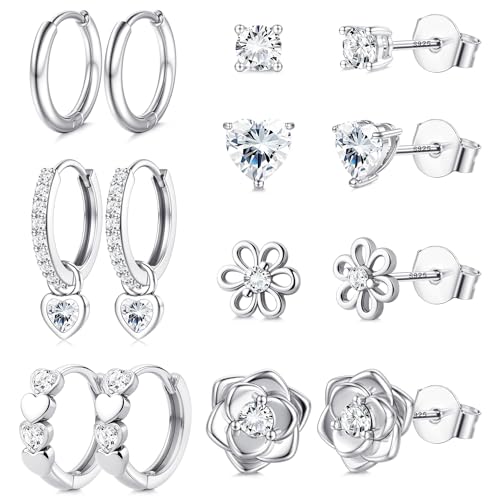 FIOROYAL 7 Paare Ohrringe Silber 925 Damen Mädchen-Hypoallergene Klein Ohrstecker Creolen Ohrringe Set-Cubic Zirkonia/Blumen/Herz Ohrringe Silber 925 Stecker Schmuck für Damen Mädchen flo von FIOROYAL