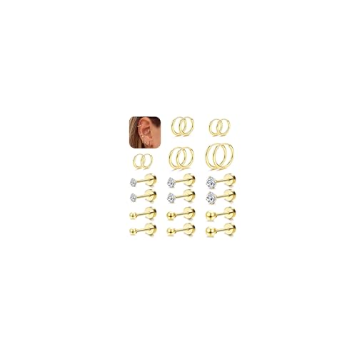 FIOROYAL 11 Paare Ohrringe Gold Kreolen Creolen Ohrringe Klein für Damen Runde Zirkonia Ball Helix Piercings 14K Vergoldeter Medizinische Ohrstecker für Mädchen von FIOROYAL