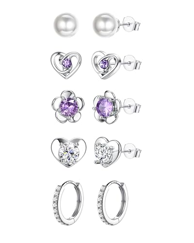 FIOROYAL 5 Paar Ohrstecker Silber 925 Creolen Ohrringe für Damen Mädchen Hypoallergen 925 Sterling Silber Ohrsteck Kleine Creolen Schmetterling Herz Cubic Zirkonia Ohrringe Set FLO von FIOROYAL