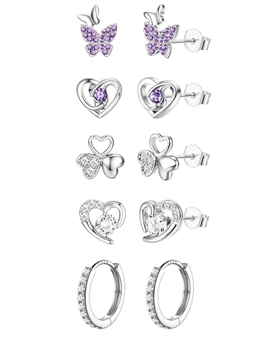FIOROYAL 5 Paar Ohrstecker Silber 925 Creolen Ohrringe für Damen Mädchen Hypoallergen 925 Sterling Silber Ohrsteck Kleine Creolen Schmetterling Herz Cubic Zirkonia Ohrringe Set FLY von FIOROYAL