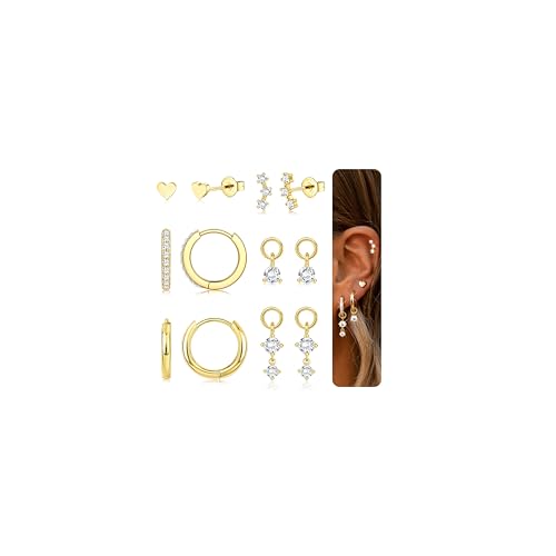 FIOROYAL Ohrringe Silber 925 Damen Ohrstecker Silber 925 Creolen Ohrringe für Mehrere Ohrlöcher Hypoallergene 14K Vergoldet Silber Goldene Ohrringe für Helix Tragus Piercing Ohr GCZ von FIOROYAL