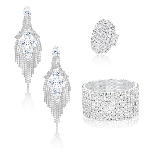 FIOROYAL Strass-Brautschmuck-Set für Damen, glitzerndes Strass-Stretch-Armband, Ring, baumelnde Quaste, Ohrringe-Set, Modeschmuck, B von FIOROYAL