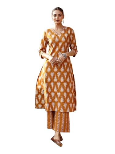 FIORRA Damen Kurta-Set, Baumwolle, bedruckt, gerader Schnitt, Senffarben, senfgelb, S FIORRA Damen Kurta-Set, Baumwolle, bedruckt, gerader Schnitt, Senffarben, senfgelb, S von FIORRA