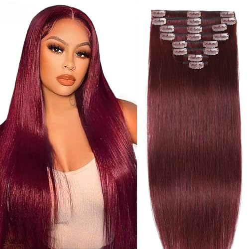 Clip-in-Extensions aus Remy-Echthaar für Damen, glatt, zum Anklippen, weich, 40,6 cm, Burgunderrot #99J, 8 Stück Clip-in-Extensions aus Remy-Echthaar für Damen, glatt, zum Anklippen, weich, 40,6 cm, Burgunderrot #99J, 8 Stück von FIPOHIRA
