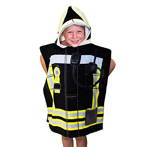 Kinder Feuerwehr Badeponcho Kapuzenhandtuch 3-7 Jahre für Einsatz im Schwimmbad und Strand 100% Baumwolle Frottee Farbe schwarz von FIRE & FIGHT Streetwear