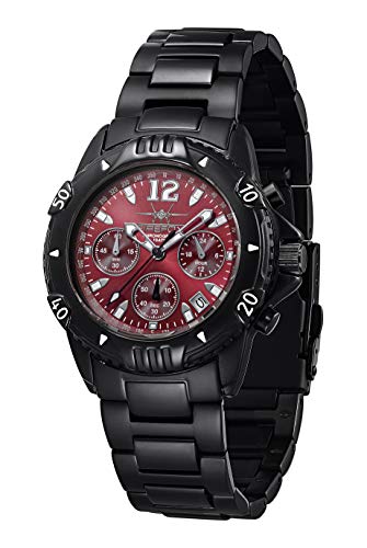 FIREFOX Armband- Herrenuhr AIRFIGHTER Chronograph analog Quarz Edelstahl SCHWARZ Zifferblatt Sunray rot 10 ATM wasserdicht FFS02-105b von FIREFOX