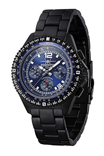 FIREFOX Armband- Herrenuhr Fighter Chronograph analog Quarz Edelstahl SCHWARZ Zifferblatt Sunray blau 10 ATM wasserdicht FFS05-120 von FIREFOX