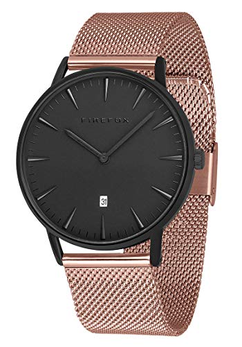 FIREFOX Damen- Armbanduhr Passion analog Quarz Edelstahl rosevergoldet Milanaise Mesh Armband Zifferblatt schwarz 5 ATM wasserdicht FFPL02-011 von FIREFOX