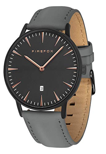FIREFOX Damenuhr Herren- Armbanduhr Passion analog Quarz Edelstahl Lederarmband grau Zifferblatt schwarz Rosegold 5 ATM wasserdicht FFPL02-124 von FIREFOX
