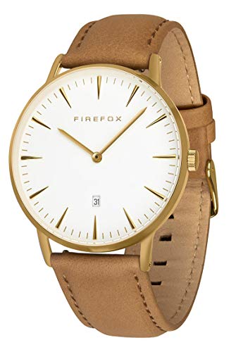 FIREFOX Damenuhr Herren- Armbanduhr Passion analog Quarz Edelstahl gelb vergoldet Lederarmband braun Zifferblatt weiß 5 ATM wasserdicht FFPL02-163 von FIREFOX