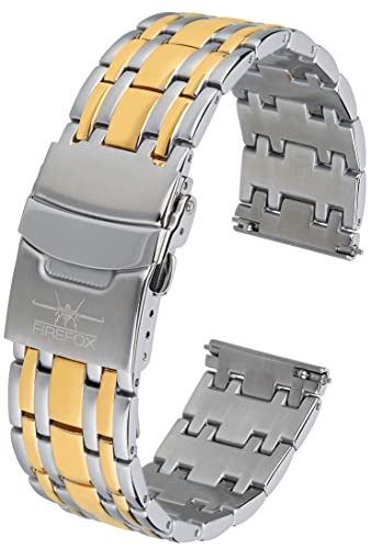 FIREFOX Ersatz- Uhrenarmband extra lang Überlänge Edelstahl voll massiv Bicolor Gold-Silber Breite 24mm MB-04-F24 Quick Release von FIREFOX