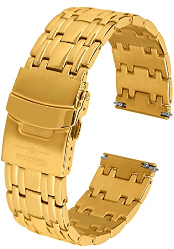 FIREFOX Ersatz- Uhrenarmband extra lang Überlänge Edelstahl voll massiv gelb Gold vergoldet Breite 26mm MB-04-D26 Quick Release von FIREFOX