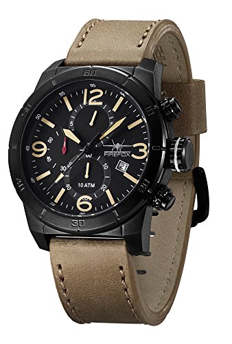 FIREFOX Herren- Armbanduhr Soldier analog Quarz Chronograph Edelstahl schwarz beige Lederarmband Datumsanzeige 10 ATM wasserdicht FFS255-110 von FIREFOX