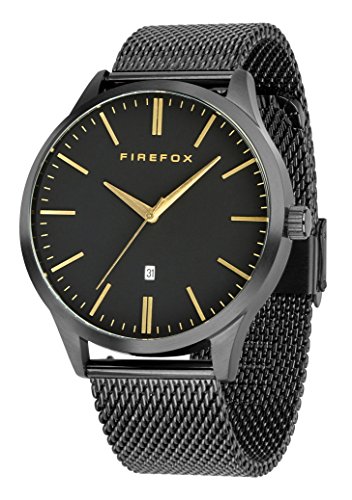 FIREFOX Herren- Armbanduhr XCHANGE analog Quarz Edelstahl Milanaise Mesh Armband Zifferblatt schwarz-Messing Datum 5 ATM wasserdicht FFPL01-001 von FIREFOX
