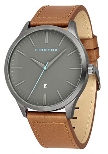 FIREFOX Herren- Armbanduhr XCHANGE analog Quarz Edelstahl Titan-grau Lederarmband braun Zifferblatt grau Datumsanzeige 5 ATM wasserdicht FFPL01-120 von FIREFOX
