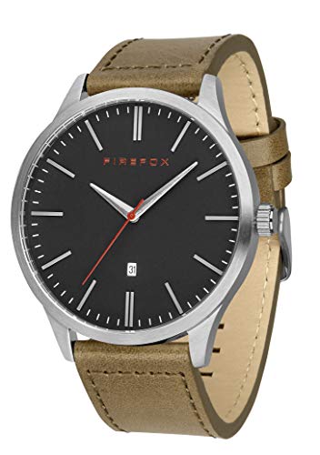 FIREFOX Herren- Armbanduhr XCHANGE analog Quarz Edelstahl matt gebürstet Lederarmband braun Oliv Zifferblatt schwarz Datum 5 ATM wasserdicht FFPL01-132 von FIREFOX