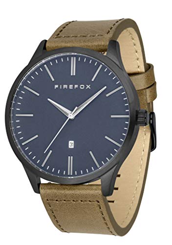 FIREFOX Herren- Armbanduhr XCHANGE analog Quarz Edelstahl matt schwarz Lederarmband braun-Oliv Zifferblatt blau Datumsanzeige 5 ATM wasserdicht FFPL01-134 von FIREFOX