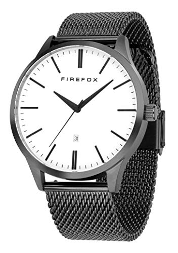 FIREFOX Herren- Armbanduhr XCHANGE analog Quarz Edelstahl schwarz Milanaise Mesh Armband Zifferblatt weiß Datum 5 ATM wasserdicht FFPL01-003 von FIREFOX