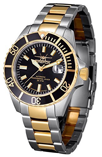 FIREFOX SEA Commander FFS525-102 Automatikuhr NH35 schwarz Glasboden verschraubte Krone Saphirglas Sicherheitsfaltschließe Herrenuhr massiv Edelstahl Bicolor vergoldet 20 ATM wasserdicht von FIREFOX