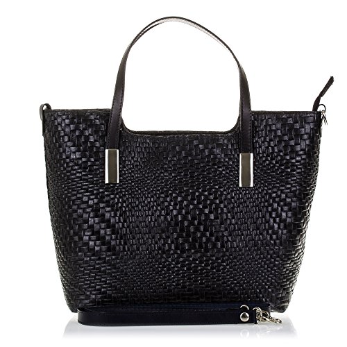 Firenze Artegiani Bolso Tote De Mujer Piel Auténtica, Grabado Trenzado Geométrico Y Lacado Umhängetasche, 38 cm, Schwarz (Negro) von Firenze Artegiani