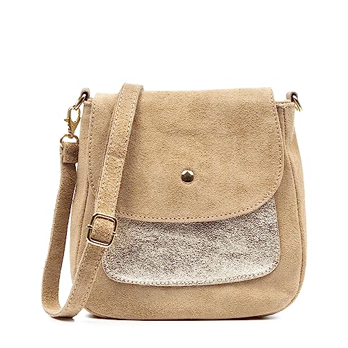 FIRENZE ARTEGIANI. Altissimo Umhängetasche für Damen. Echtes Leder, kombiniert mit glänzendem Lackleder, 19 x 7 x 20 cm, Farbe: Taupe, Taupe, Utility von FIRENZE ARTEGIANI