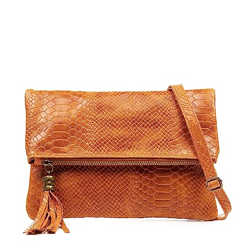 FIRENZE ARTEGIANI. Alzano Umhängetasche Damen Echtleder Wildleder Gravur Schlange 27x5x29cm Farbe: Orange, orange, Utility von FIRENZE ARTEGIANI