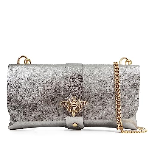 FIRENZE ARTEGIANI. Amaseno Umhängetasche für Damen, Echtleder, lackiert, 23 x 5,5 x 12 cm, Farbe: Silber, silber, Utility von FIRENZE ARTEGIANI