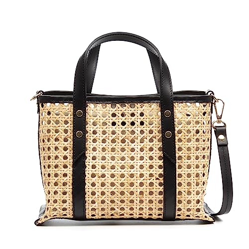 FIRENZE ARTEGIANI. Apollo Tote Tasche für Damen, aus echtem Leder, kombiniert mit Hanf, 25,5 x 15 x 17,5 cm, Farbe: Schwarz, Schwarz, Utility von FIRENZE ARTEGIANI