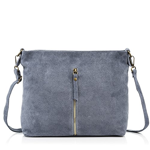 FIRENZE ARTEGIANI. Damen Echtleder Umhängetasche Camoscio Finish Fronttasche Reißverschlusstasche Damen Schultertasche Made in Italy Vera Pelle Italiana, Blau, Utility, blau, Utility von FIRENZE ARTEGIANI