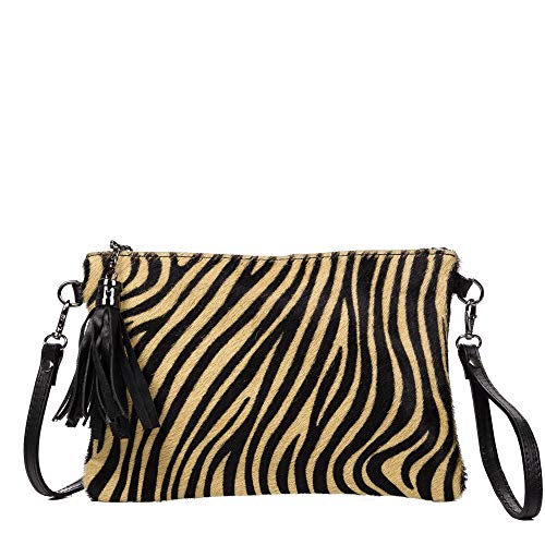 FIRENZE ARTEGIANI. Ermine Umhängetasche für Damen, echtes Leder, Cavallino, Tiger, 26 x 5 x 16 cm, Farbe: Schwarz, Schwarz, Utility von FIRENZE ARTEGIANI