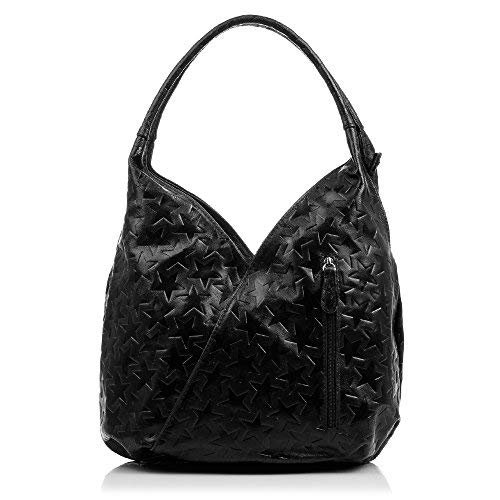 Firenze Artegiani. Jesi Schultertasche für Damen, echtes Leder, mit Sternen bedruckt, 33 x 18 x 23 cm, Farbe: Schwarz, Schwarz, Utility von Firenze Artegiani