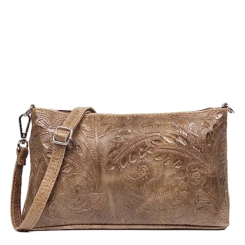 FIRENZE ARTEGIANI. Martia Umhängetasche für Damen. Echtes Leder, Wildleder, Gravur Arabesken, 25,5 x 6,5 x 15,5 cm. Farbe: Dunkles Taupe, Dunkles Taupe, Utility von FIRENZE ARTEGIANI