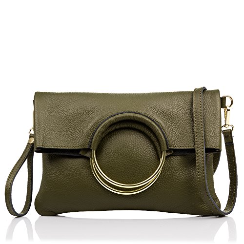 FIRENZE ARTEGIANI. Damen-Handtasche aus echtem Leder, Dollaro, weich, Umhängetasche für Damen, hergestellt in Italien, 29,5 x 20 x 5 cm, Grün von FIRENZE ARTEGIANI