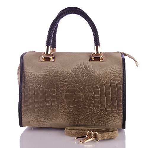 Firenze Artegiani Bolso De Mujer Piel Auténtica, Grabado Cocodrilo Y Lacado Umhängetasche, 30 cm, Braun (Taupe) von FIRENZE ARTEGIANI