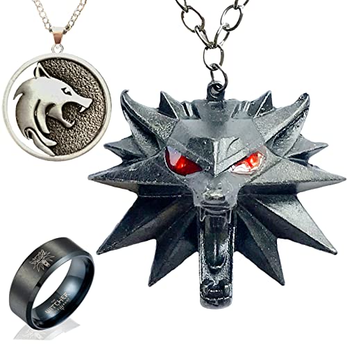 Witcher 3 Wild Hunt, 3 Stück Witcher Merchandise umfasst Herren Hexer Medaillon Halskette Hexer Wolf Kopf Halskette Anhänger + Zauberer Ring Witcher Series Geschenke für Männer Jungen Geralt von FIRNISHION