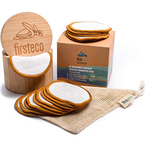 Abschminkpads waschbar 18 tlg. Premium Set: Bambus-Box, Wäschebeutel, EBOOK & 15 wiederverwendbare Wattepads | Baumwolle Abschminktücher Make-up Remover Pads Nachhaltige Produkte Zero Waste Firsteco von FIRSTECO