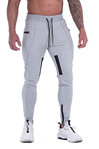 FIRSTGYM Herren-Jogginghose, schmale Passform, Workout, Training, Oberschenkel, Netzstoff, mit Reißverschlusstaschen, hellgrau, 34-37 von FIRSTGYM