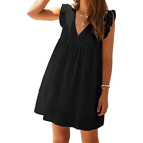 California Strampler Kleid mit Shorts, Sommer V-Ausschnitt Baumwolle kurzer Rock einfarbiges Kleid California Strampler Spitzenkleid (Color : Black, Size : L) von FIRSTWELL