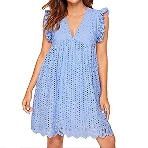 California Strampler Kleid mit Shorts, Sommer V-Ausschnitt Baumwolle kurzer Rock einfarbiges Kleid California Strampler Spitzenkleid (Color : Blue, Size : S) von FIRSTWELL