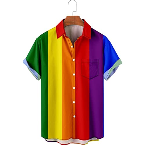 Regenbogen-Button-Down-Shirts, Spirit Day T-Shirt, Hawaiihemden Strandhemd, bunt gestreifte Kurzarm (Color : A, Size : XL) von FIRSTWELL