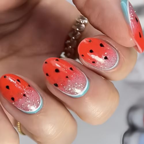 24 Pcs Mandelpresse An Nägeln Wassermelonen Französische Spitzen Gefälschte Nägel Acryl False Nails Künstliche Klebstoffe Auf Für Frauen Acrylkleber Nagel Für Frauen Klar von FIRSTXIU