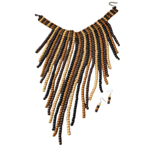 Aussage Schmuck Perlen Halskette Und Ohrringe Set Long Quastenstile Hochzeit Schmuck Holzperlen Textur Für Frauen Mädchen Handgemacht von FIRSTXIU
