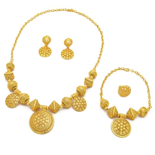 Elegant African Round Anhänger Schmuck Set Sprudeln Goldfarbe Halskette Armband Armreifen Ringe Set Für Abends Sammeln Hochzeit Schmuck von FIRSTXIU