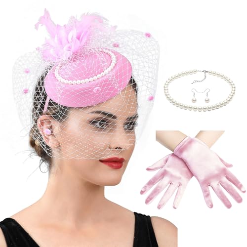 Eleganter Für Frauen Leichte Spitzenhandschuhe Halskette Ohrringe Mit Gefiederter Faszinatorkirche Anlass Accessoire Polyester Derby Hüte von FIRSTXIU