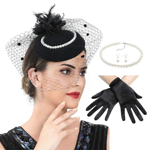 Eleganter Für Frauen Leichte Spitzenhandschuhe Halskette Ohrringe Mit Gefiederter Faszinatorkirche Anlass Accessoire Polyester Derby Hüte von FIRSTXIU