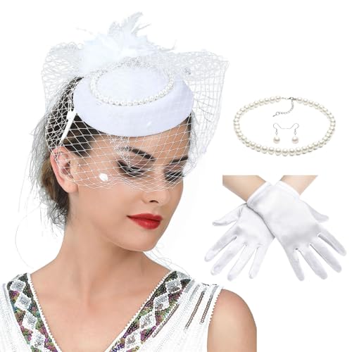 Eleganter Für Frauen Leichte Spitzenhandschuhe Halskette Ohrringe Mit Gefiederter Faszinatorkirche Anlass Accessoire Polyester Derby Hüte von FIRSTXIU
