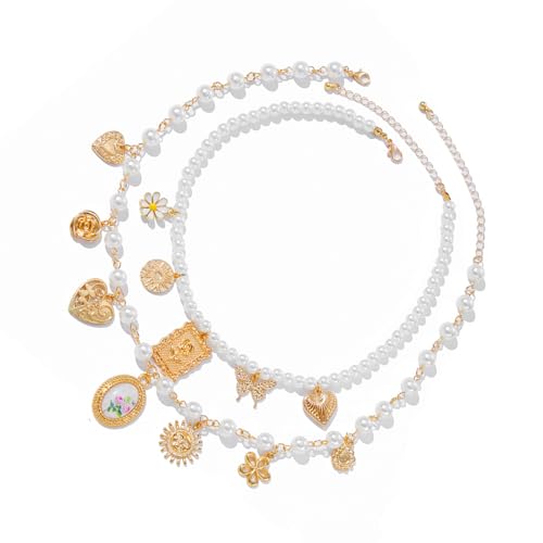 Elegantes Stapelbares Halsketten Set Mit Barken Inspirierten Blumendetails Und Nachahmungsperlen Ideal Für Tägliche Verschleiß Oder Partykleidung Goldtonperlen Charm Halskette Kombination von FIRSTXIU