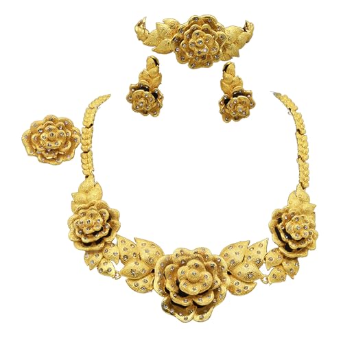 FIRSTXIU Afrikanische Blumenheizjuwelcy Set Ohrringe Halskette Armreifen Ringe Für Weihnachtsgeschenke Mode Frauen Schmuck Vielseitige Anlass von FIRSTXIU