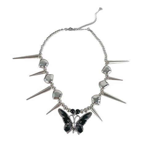 FIRSTXIU Auffällige Punklegierung Halskette Butterfly Niet Neckchain Street Styles Schmuck Für Musikfestivals Frauen Accessoires Einzigartiger Schmetterling Choker von FIRSTXIU